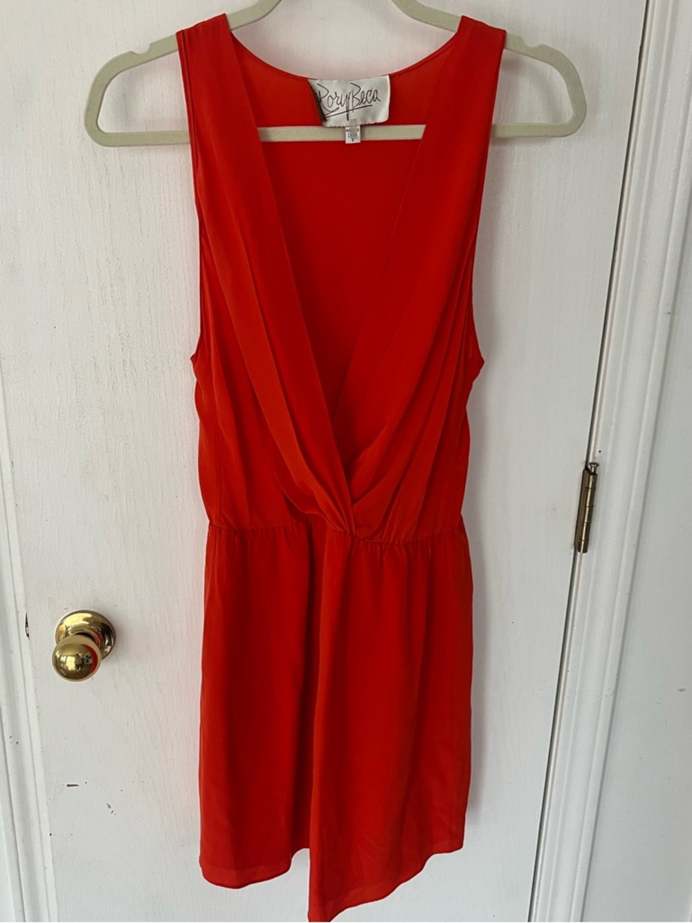 Rory Beca Vibrant Tangerine Sleeveless V-Neck Wrap / Cross Silk Dress, Small